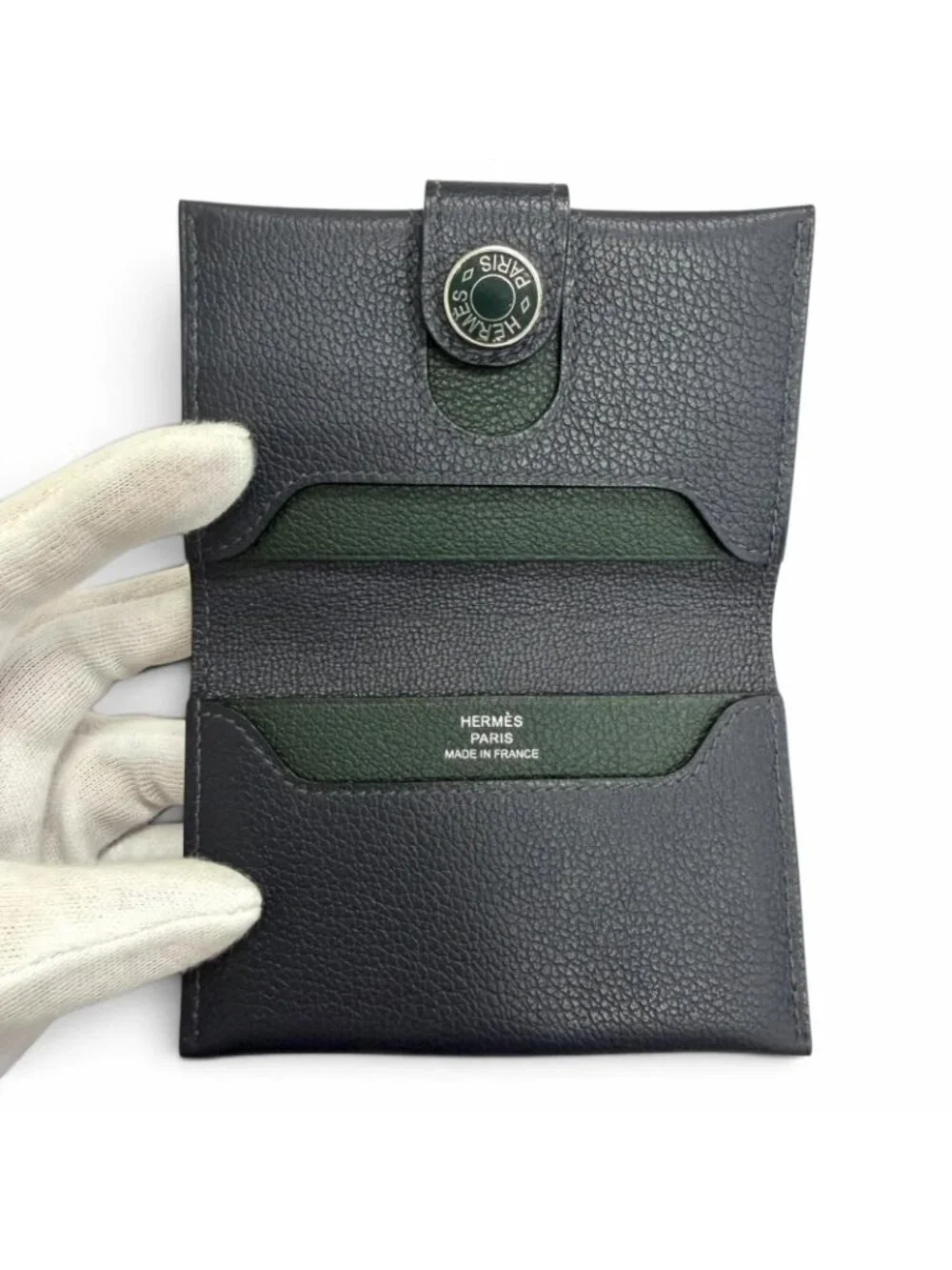 Hermes M S Evercolor Clou de Selle Card Case Blue Saphir Vert Angre